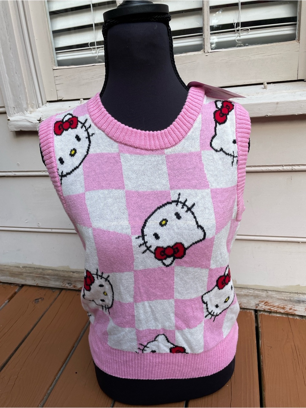 NWT Hello Kitty Sanrio Pink Checkered Sweater Vest Size XS